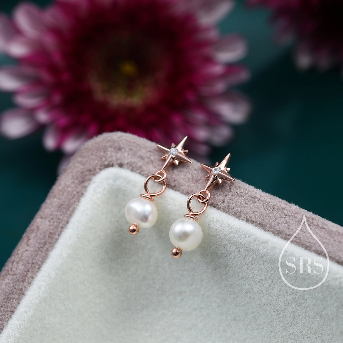 Tiny Starburst and Dangle Pearl Stud Earrings in Sterling Silver, Silver, Gold or Rose Gold, Star Earrings, Sunburst Earrings, Celestial