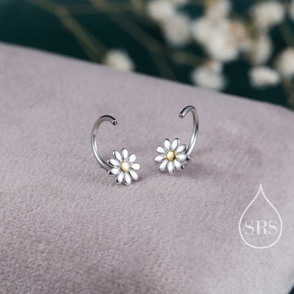 Flower Huggie Hoop Earrings in Sterling Silver, Curved Post Earrings, Open Hoops, Pull-Through Threader Earrings,