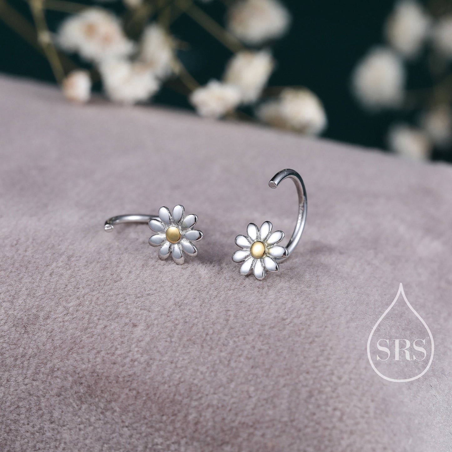 Flower Huggie Hoop Earrings in Sterling Silver, Curved Post Earrings, Open Hoops, Pull-Through Threader Earrings,