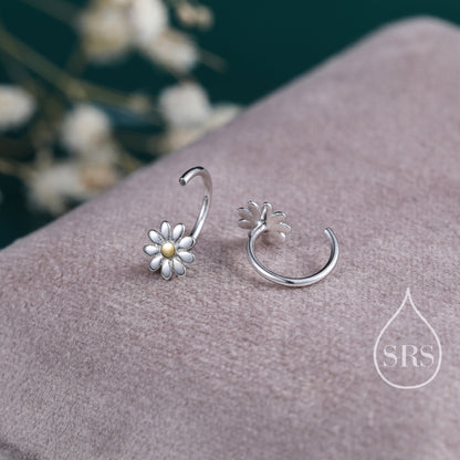 Flower Huggie Hoop Earrings in Sterling Silver, Curved Post Earrings, Open Hoops, Pull-Through Threader Earrings,