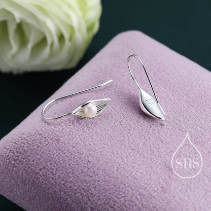 Sterling Silver Calla Lily Flower Hook Earrings with Fresh Water Pearls, Nature Inspired Pretty and Elegant Jewellery