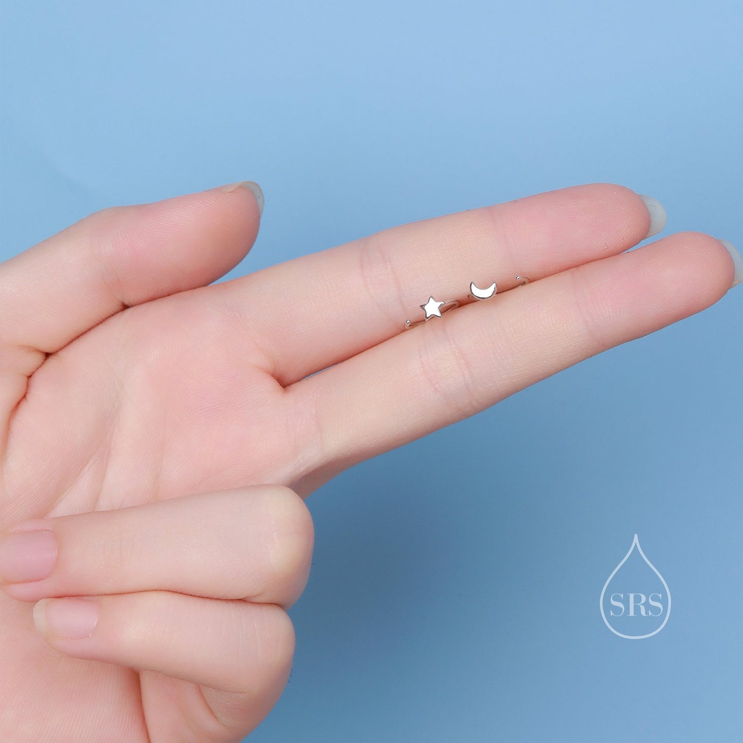 Tiny Mismatched Moon and Star Huggie Hoop Earrings in Sterling Silver, Asymmetric Pull Through Earrings, Half Hoop, Silver or Gold