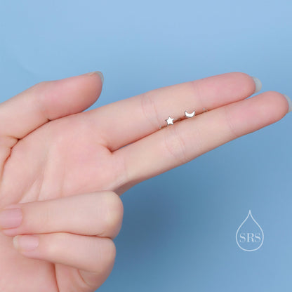 Tiny Mismatched Moon and Star Huggie Hoop Earrings in Sterling Silver, Asymmetric Pull Through Earrings, Half Hoop, Silver or Gold