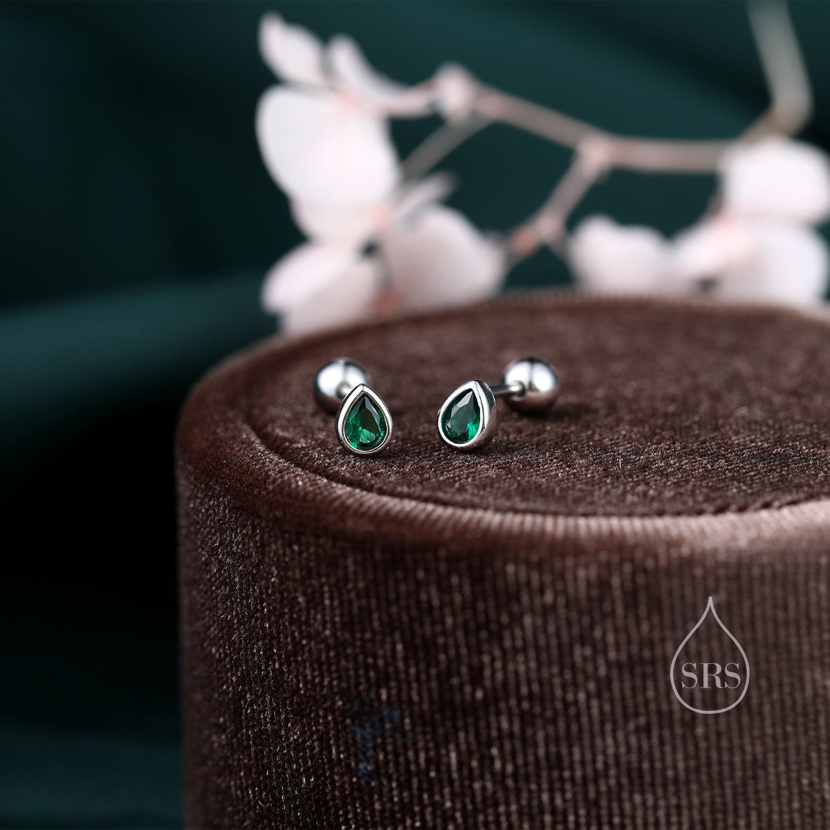 Extra Tiny CZ Droplet 18G Screw Back Earrings in Sterling Silver, Green, Blue, Clear or Purple CZ