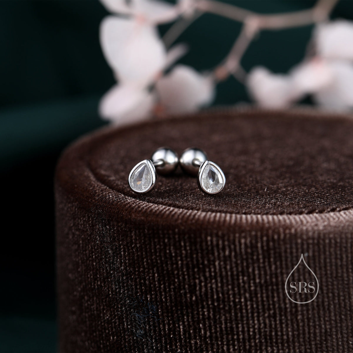 Extra Tiny CZ Droplet 18G Screw Back Earrings in Sterling Silver, Green, Blue, Clear or Purple CZ