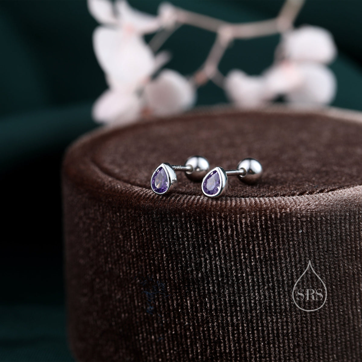 Extra Tiny CZ Droplet 18G Screw Back Earrings in Sterling Silver, Green, Blue, Clear or Purple CZ