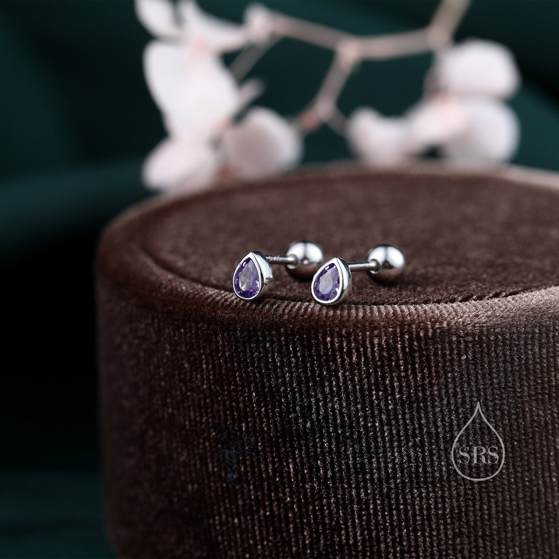 Extra Tiny CZ Droplet 18G Screw Back Earrings in Sterling Silver, Green, Blue, Clear or Purple CZ