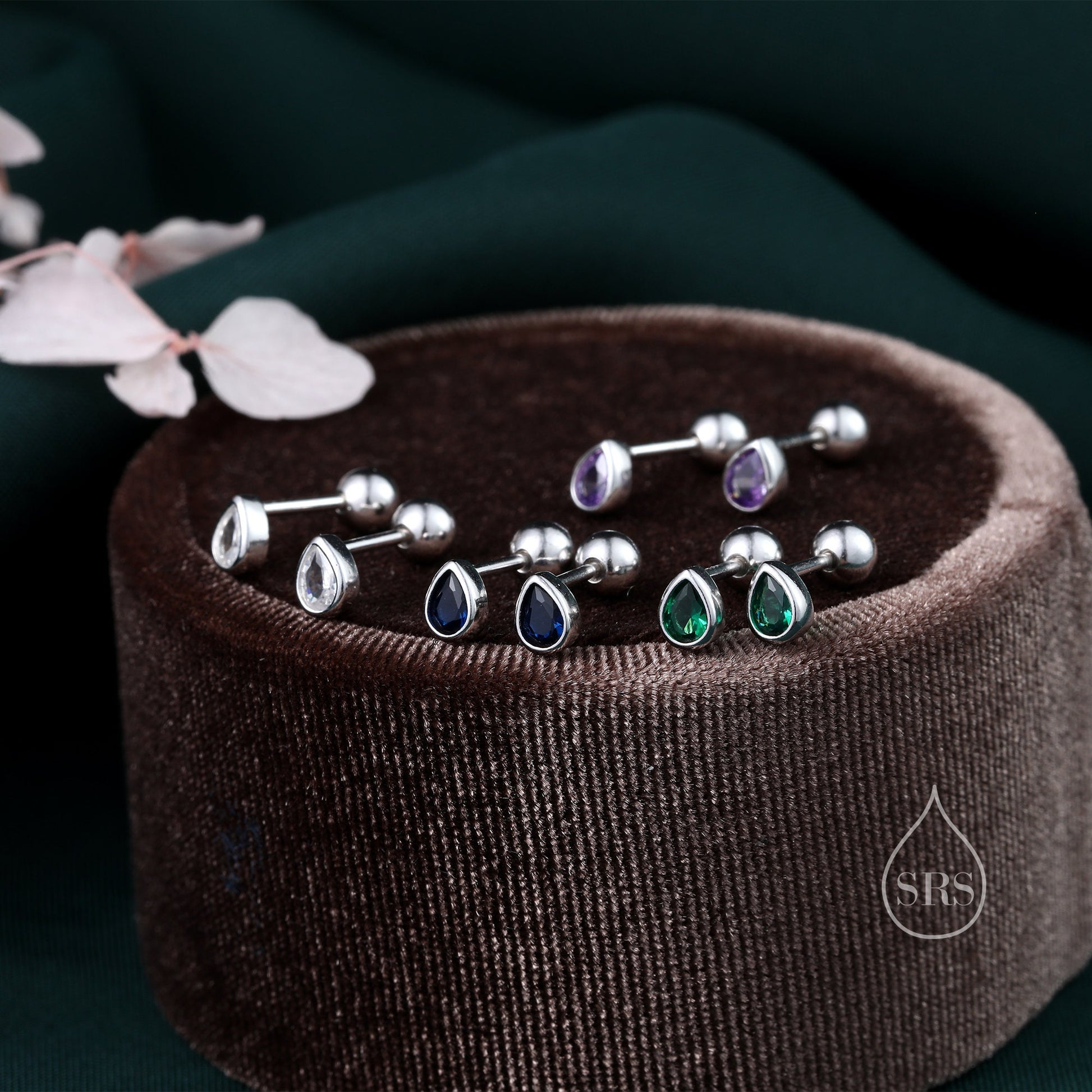 Sapphire Blue CZ Droplet Internally Threaded Flat Back/ Screw Back / Stud Earrings in Sterling Silver, Silver or Gold or Rose Gold,