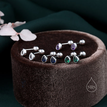 Sapphire Blue CZ Droplet Internally Threaded Flat Back/ Screw Back / Stud Earrings in Sterling Silver, Silver or Gold or Rose Gold,