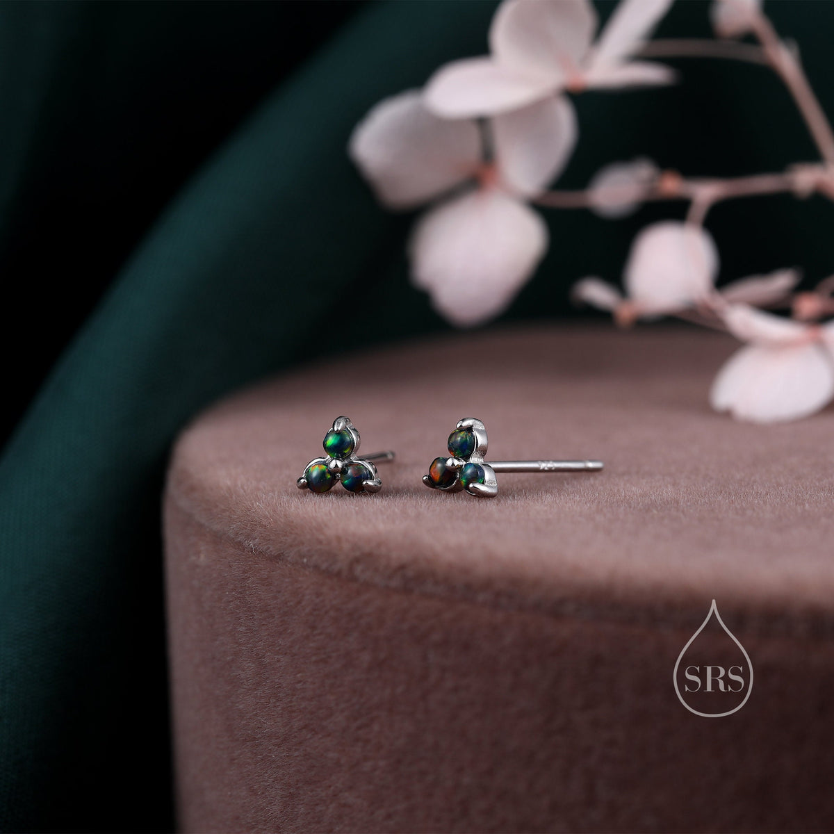 Extra Tiny Opal Trio Stud Earrings in Sterling Silver, Silver or Gold, Three Opal Trinity Stud, Opal trefoil Earrings