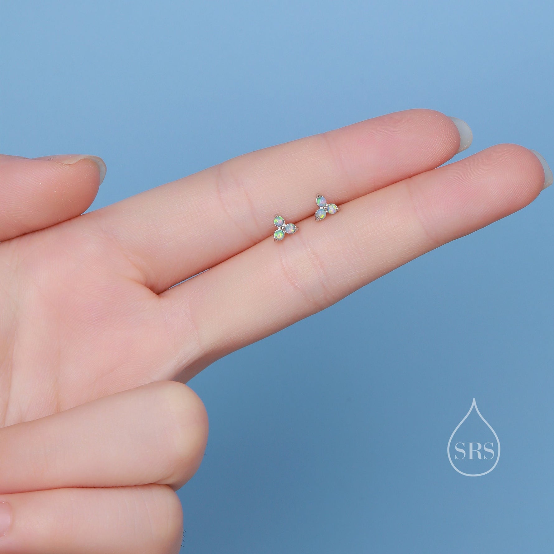 Extra Tiny Opal Trio Stud Earrings in Sterling Silver, Silver or Gold, Three Opal Trinity Stud, Opal trefoil Earrings