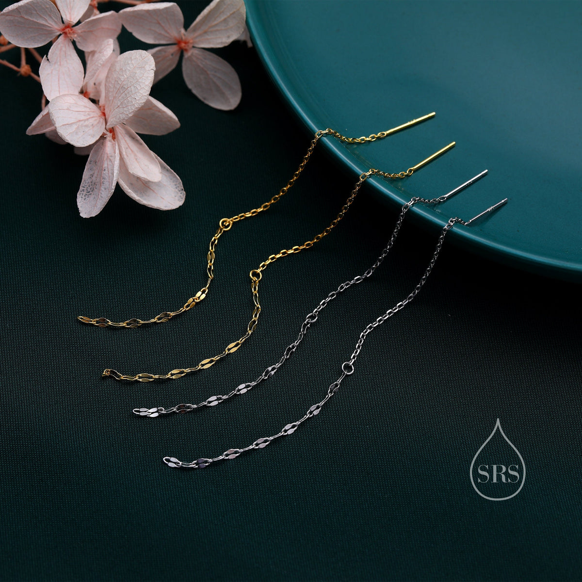 Oval Coin Chain Threader Earrings in Sterling Silver, Silver or Gold, Sparkle Chain Long Ear Threaders, Long Threaders