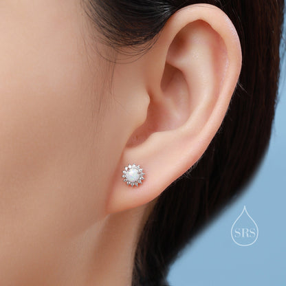 Opal CZ Halo Stud Earrings in Sterling Silver, Silver or Gold, Lab Opal and CZ Earrings, Opal Earrings