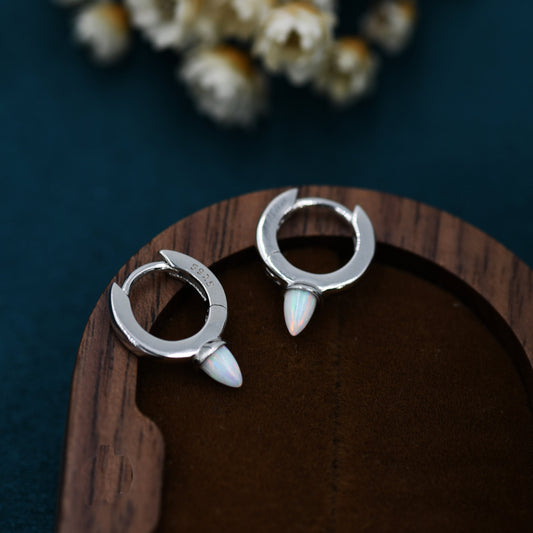 Sterling Silver Opal Spike Huggie Hoop Earrings, Blue and White Opal, Gold or Silver Minimalist Geometric Hoop Earrings