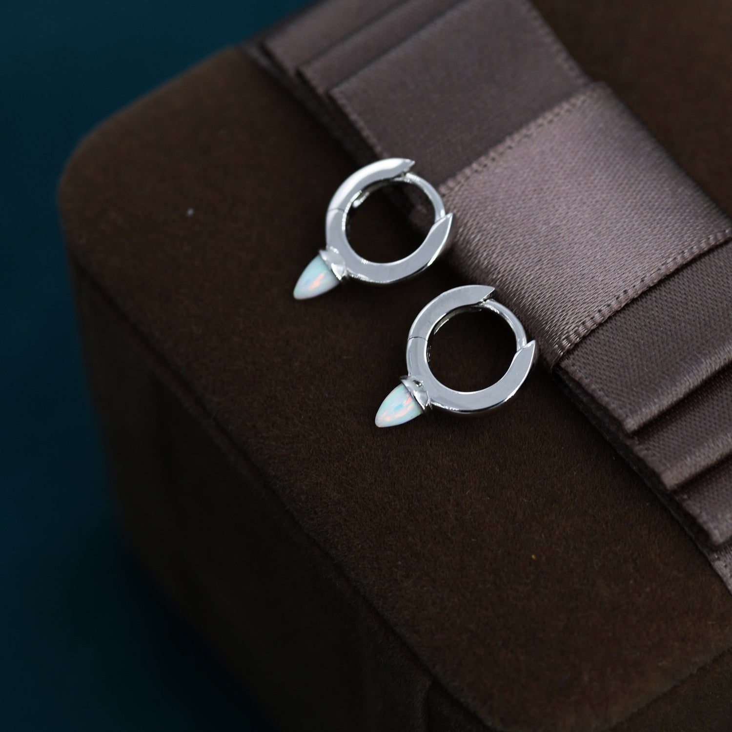 Sterling Silver Opal Spike Huggie Hoop Earrings, Blue and White Opal, Gold or Silver Minimalist Geometric Hoop Earrings