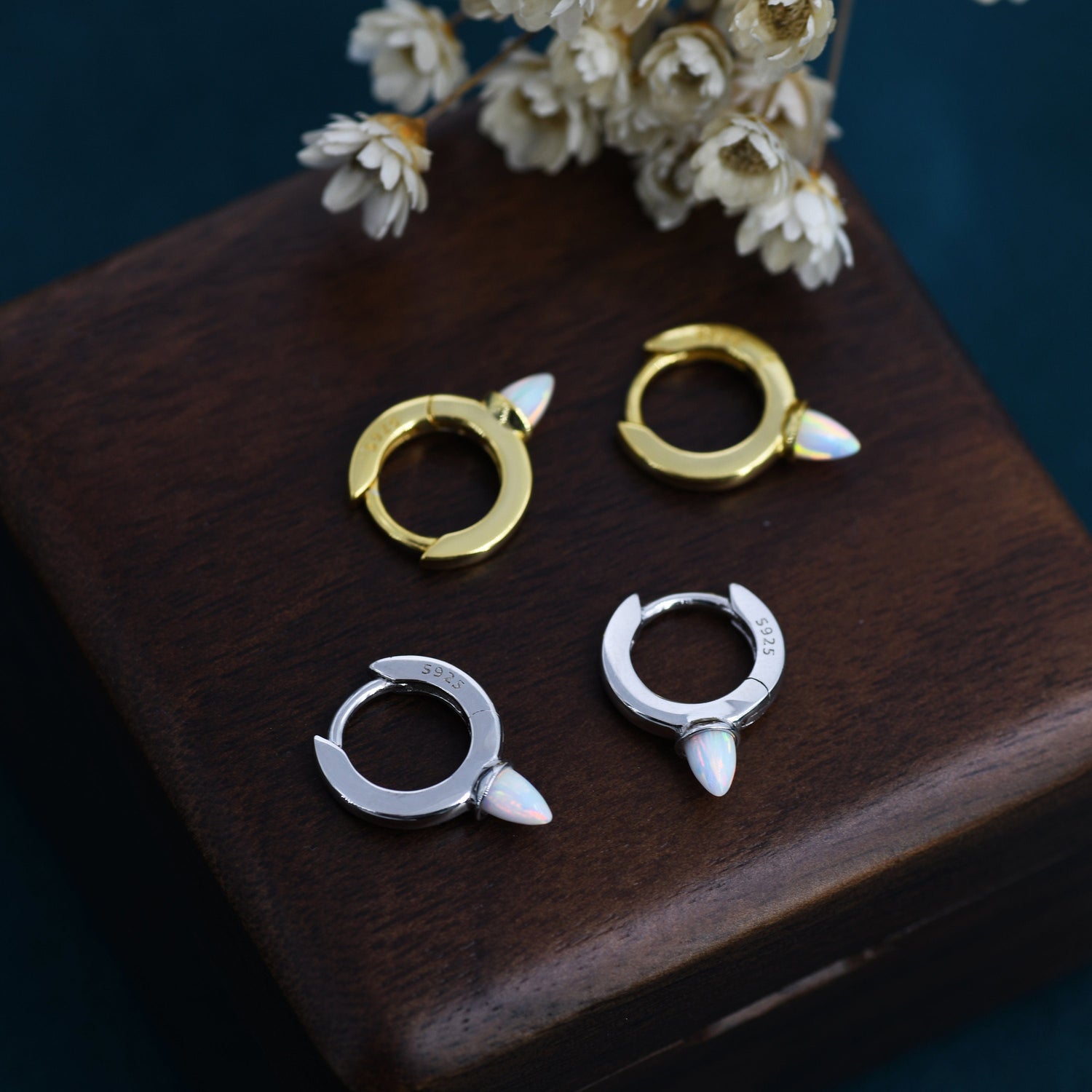 Sterling Silver Opal Spike Huggie Hoop Earrings, Blue and White Opal, Gold or Silver Minimalist Geometric Hoop Earrings