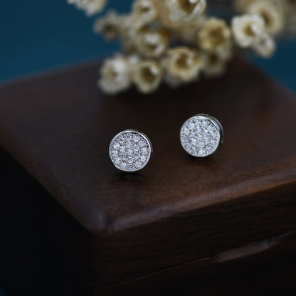 Sterling Silver CZ Crystal Encrusted Disk Stud Earrings, Simple and Elegant.