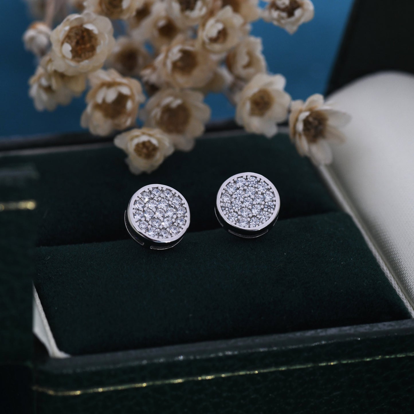 Sterling Silver CZ Crystal Encrusted Disk Stud Earrings, Simple and Elegant.