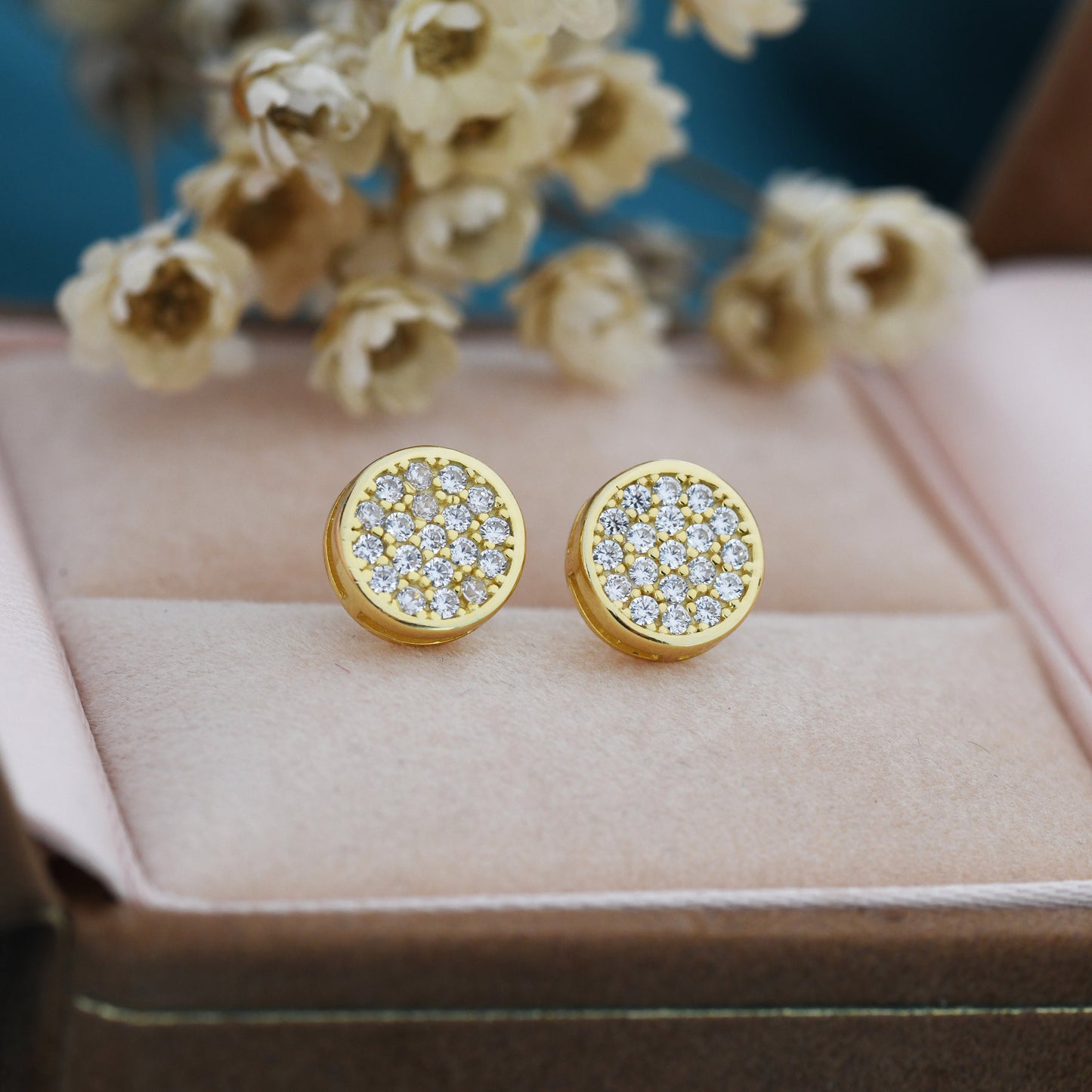 Sterling Silver CZ Crystal Encrusted Disk Stud Earrings, Simple and Elegant.