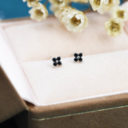 Black CZ Flower Stud Earrings in Sterling Silver, 4mm or 5mm, Crystal Flower Earrings, Hydrangea Stud, Four Crystal Stud