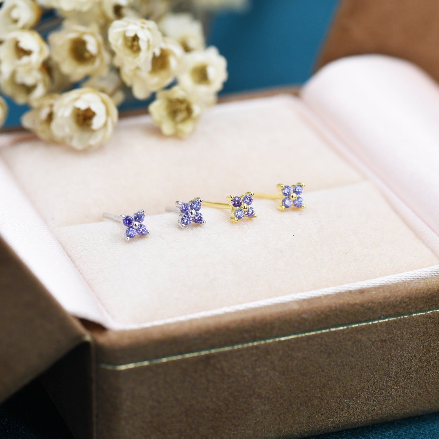 Amethyst Purple CZ Flower Stud Earrings in Sterling Silver, Crystal Flower Earrings, Hydrangea Flower Stud, Four Crystal Stud