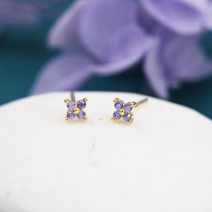 Amethyst Purple CZ Flower Stud Earrings in Sterling Silver, Crystal Flower Earrings, Hydrangea Flower Stud, Four Crystal Stud