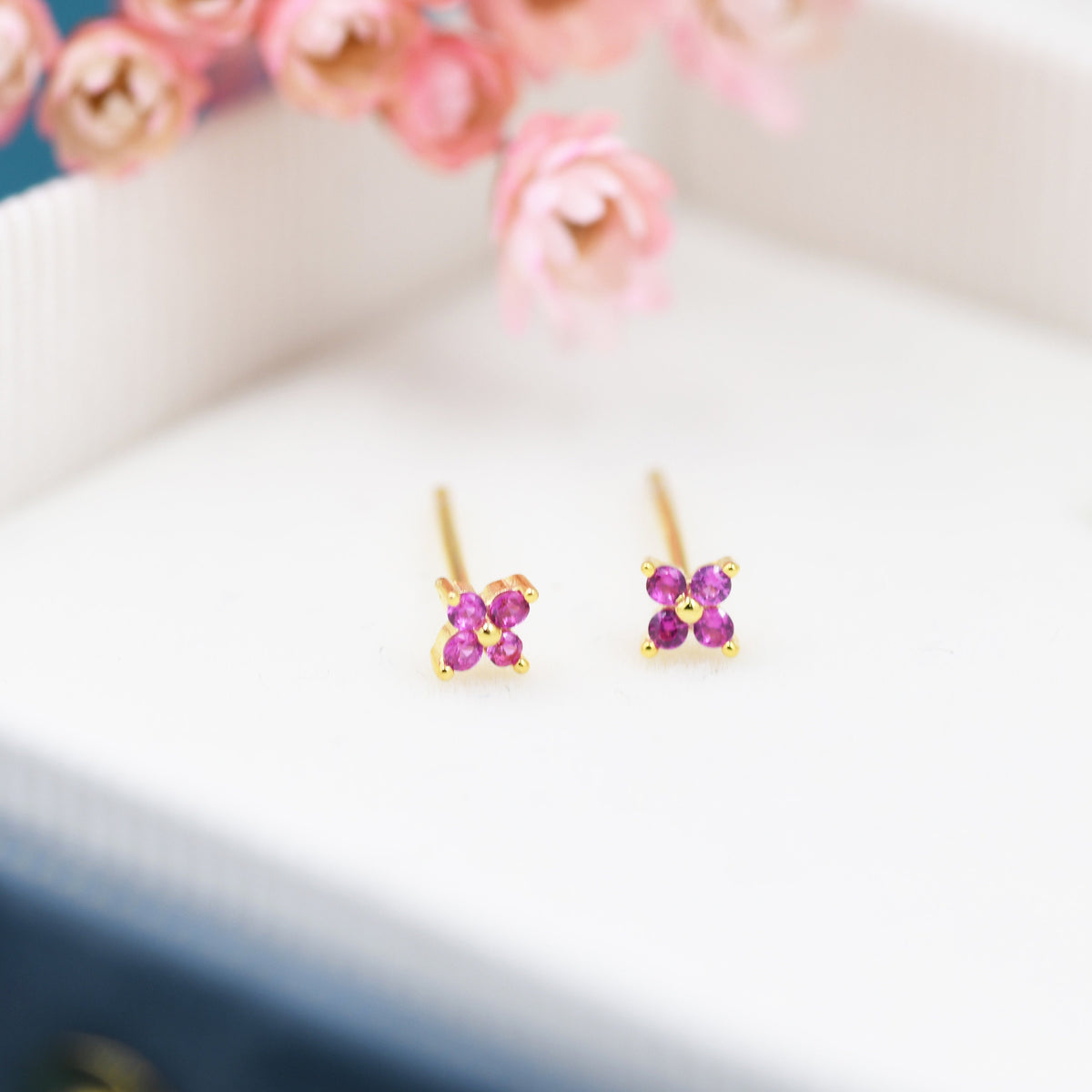 Ruby Pink CZ Flower Stud Earrings in Sterling Silver, Crystal Flower Earring, Four Crystal Stud
