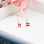 Ruby Pink CZ Flower Stud Earrings in Sterling Silver, Crystal Flower Earring, Four Crystal Stud