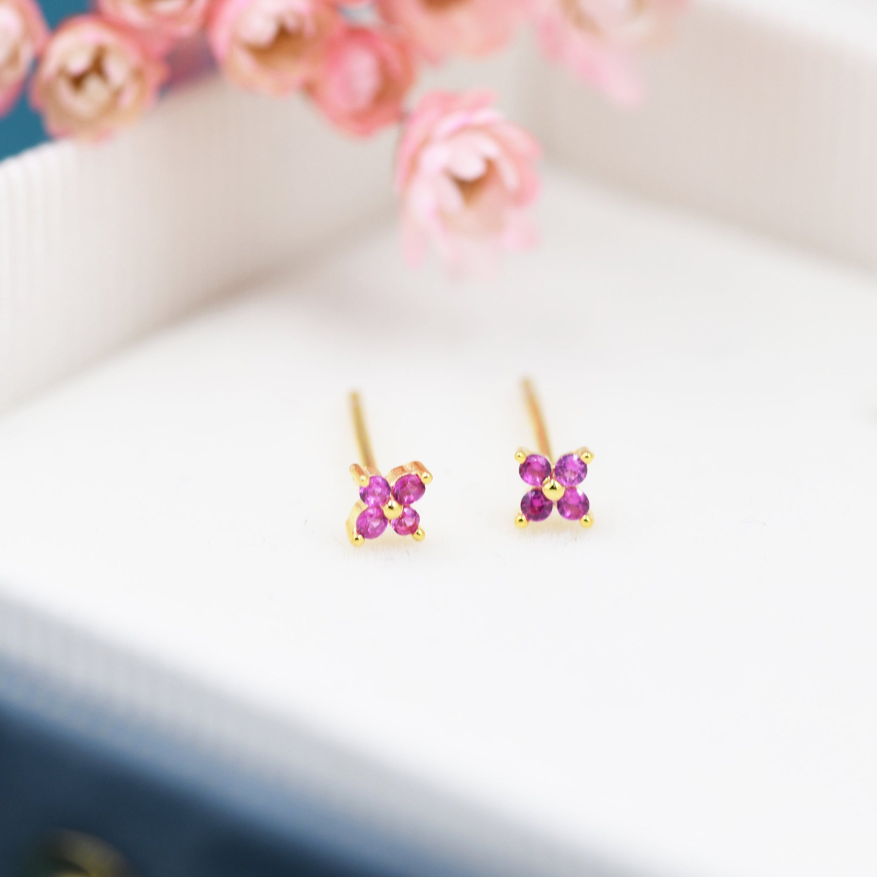 Ruby Pink CZ Flower Stud Earrings in Sterling Silver, Crystal Flower Earring, Four Crystal Stud