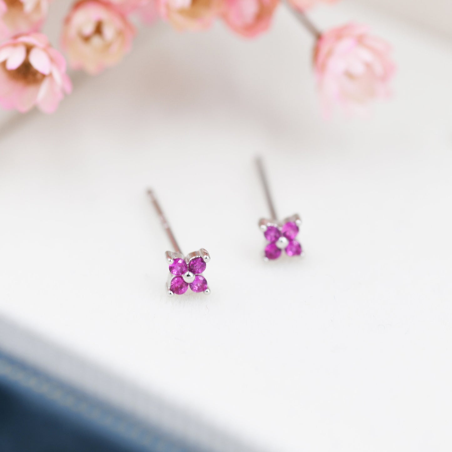 CZ Flower Stud Earrings in Sterling Silver, Crystal Flower Earrings, Amethyst, Ruby, Emerald and Black Diamond, Four Crystal Stud