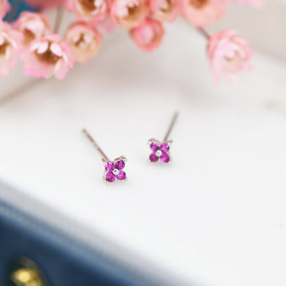 CZ Flower Stud Earrings in Sterling Silver, Crystal Flower Earrings, Amethyst, Ruby, Emerald and Black Diamond, Four Crystal Stud