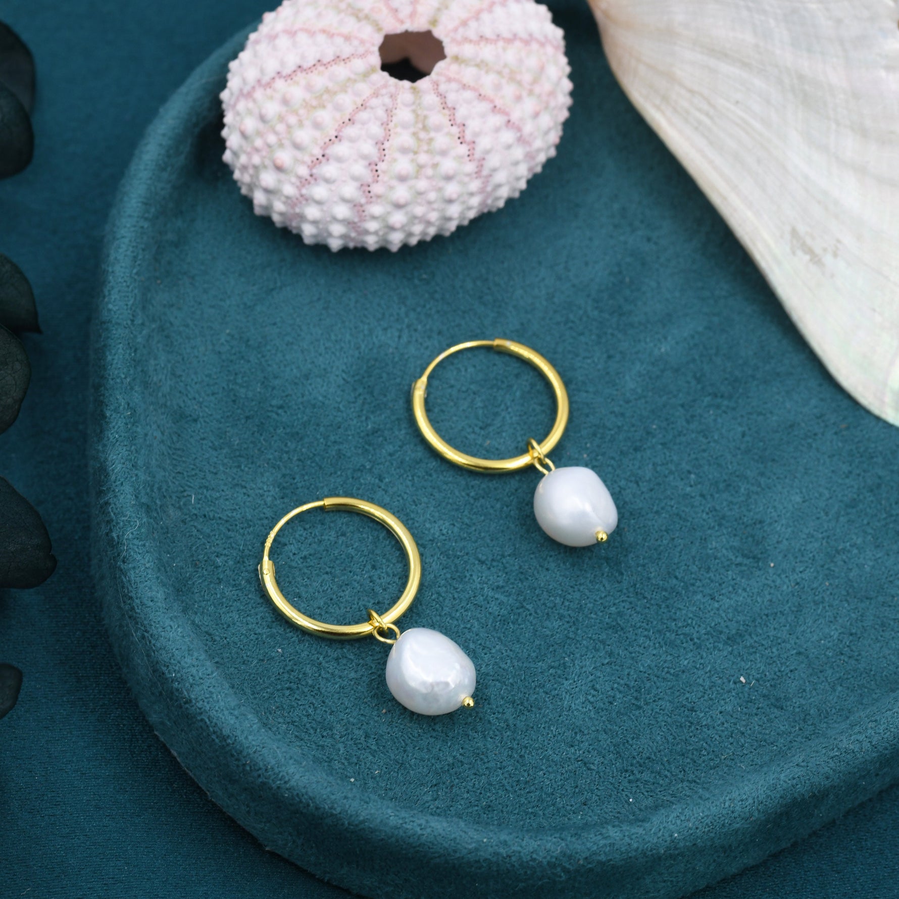 Genuine Baroque Pearl CZ Crystal Large Huggie Hoop Earrings in Sterling Silver, Gold or Silver, Hoop Earrings R99
