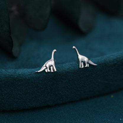 Small Dinosaur Stud Earrings in Sterling Silver, Silver Brachiosaurus Dino Earrings, Silver Dinosaur Earrings