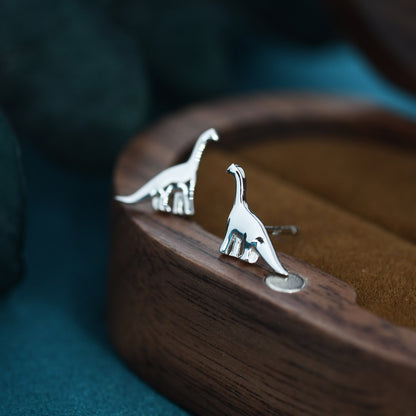 Small Dinosaur Stud Earrings in Sterling Silver, Silver Brachiosaurus Dino Earrings, Silver Dinosaur Earrings