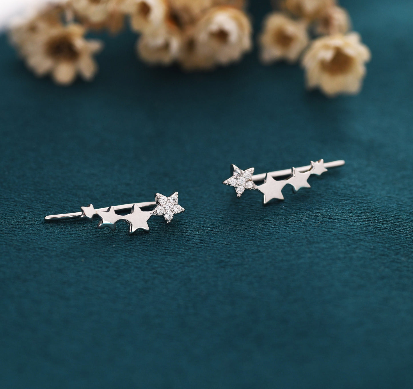 CZ Pave Star Crawler Earrings in Sterling Silver, Silver or Gold, Four Star Earrings, Ear Climbers, Celestial Earrings
