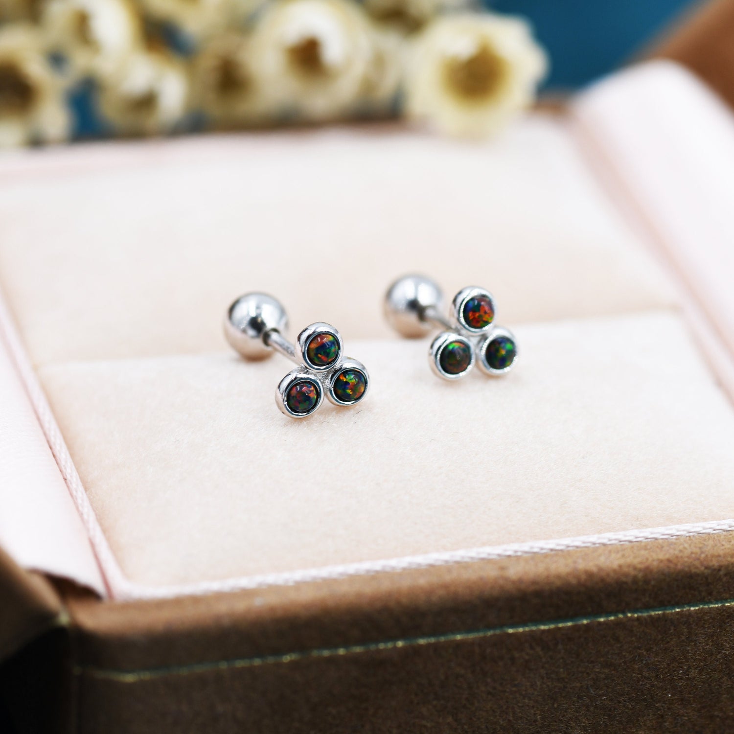 Black Opal Trio Screw back Earrings in Sterling Silver, Silver or Gold, Opal Trinity Earrings,  Screwback Barbell