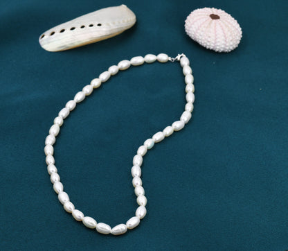 Genuine Freshwater Pearl Necklace in Sterling Silver, Slightly Irregular Shape Oval Round Fresh Water Pearl Necklace, Baroque Pearl Necklace