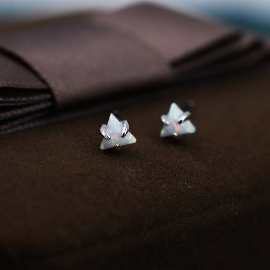 Tiny Opal Triangle Stud Earrings in Sterling Silver, Triangle Opal Earrings with Prong Set