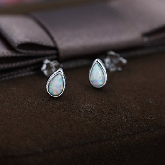 Tiny Opal Droplet Stud Earrings in Sterling Silver, Silver or Gold, Opal Drop Stud,