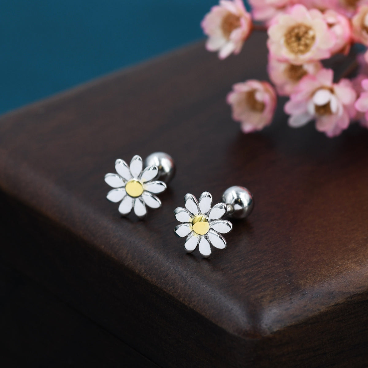 Little Daisy Flower Screw Back Earrings in Sterling Silver - Cute Flower Blossom Earrings - Fun, Whimsical