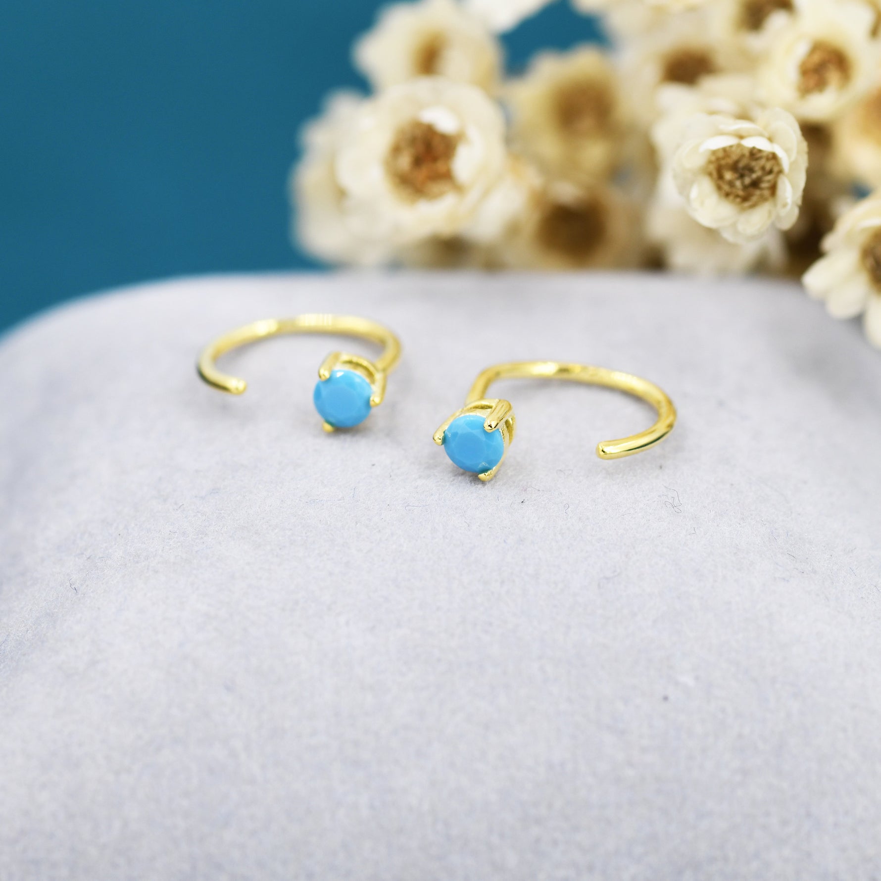 Tiny Turquoise Huggie Hoop Threader Earrings in Sterling Silver, 3mm Three Prong, Gold or Silver, Pull Through Open Hoops, C Shape Hoops
