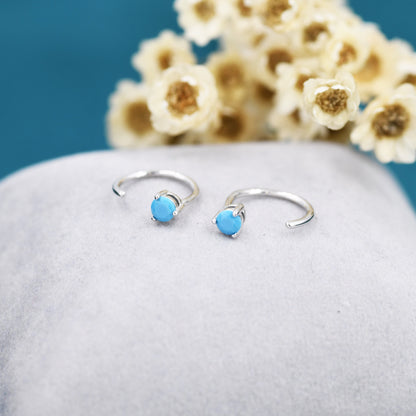 Tiny Turquoise Huggie Hoop Threader Earrings in Sterling Silver, 3mm Three Prong, Gold or Silver, Pull Through Open Hoops, C Shape Hoops