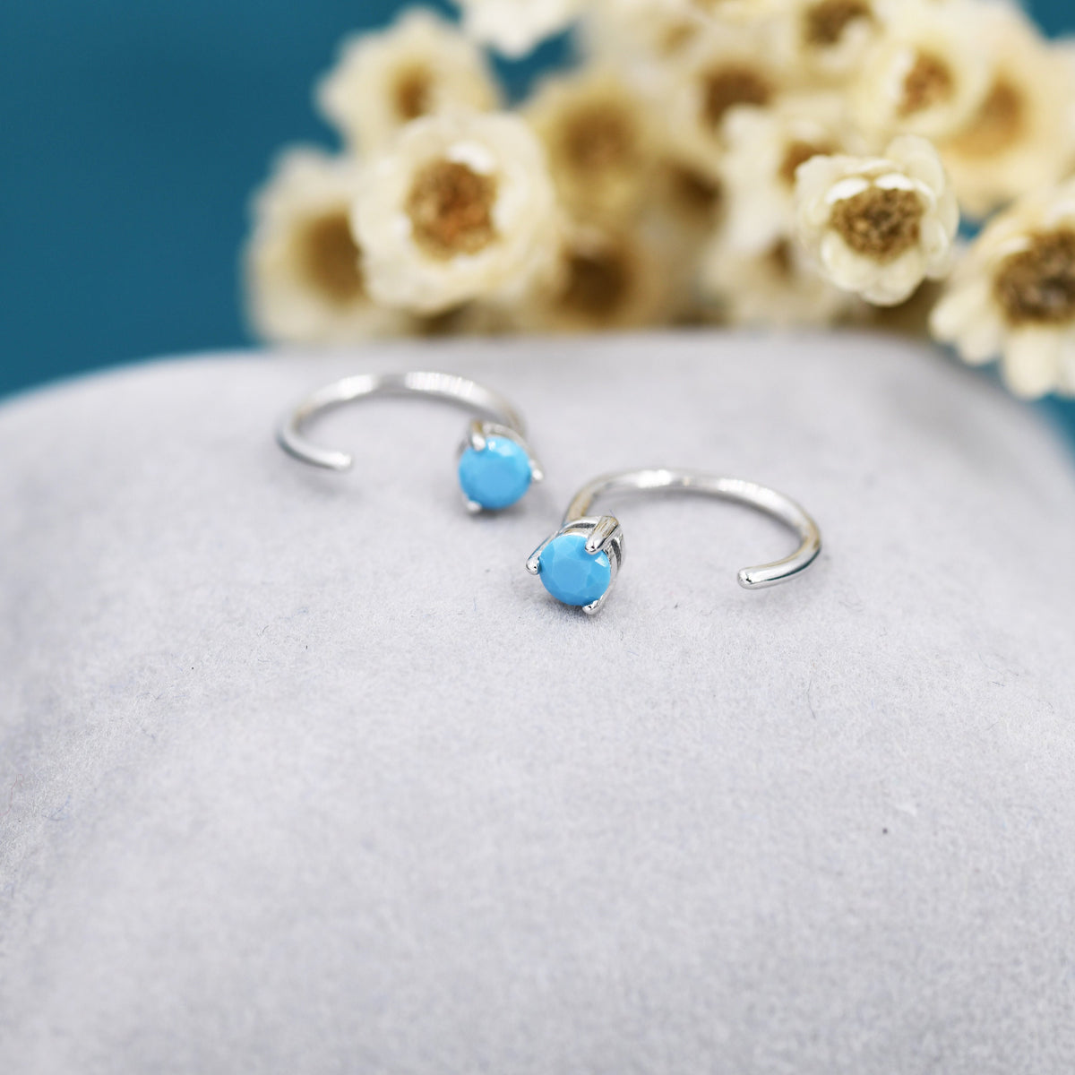 Tiny Turquoise Huggie Hoop Threader Earrings in Sterling Silver, 3mm Three Prong, Gold or Silver, Pull Through Open Hoops, C Shape Hoops