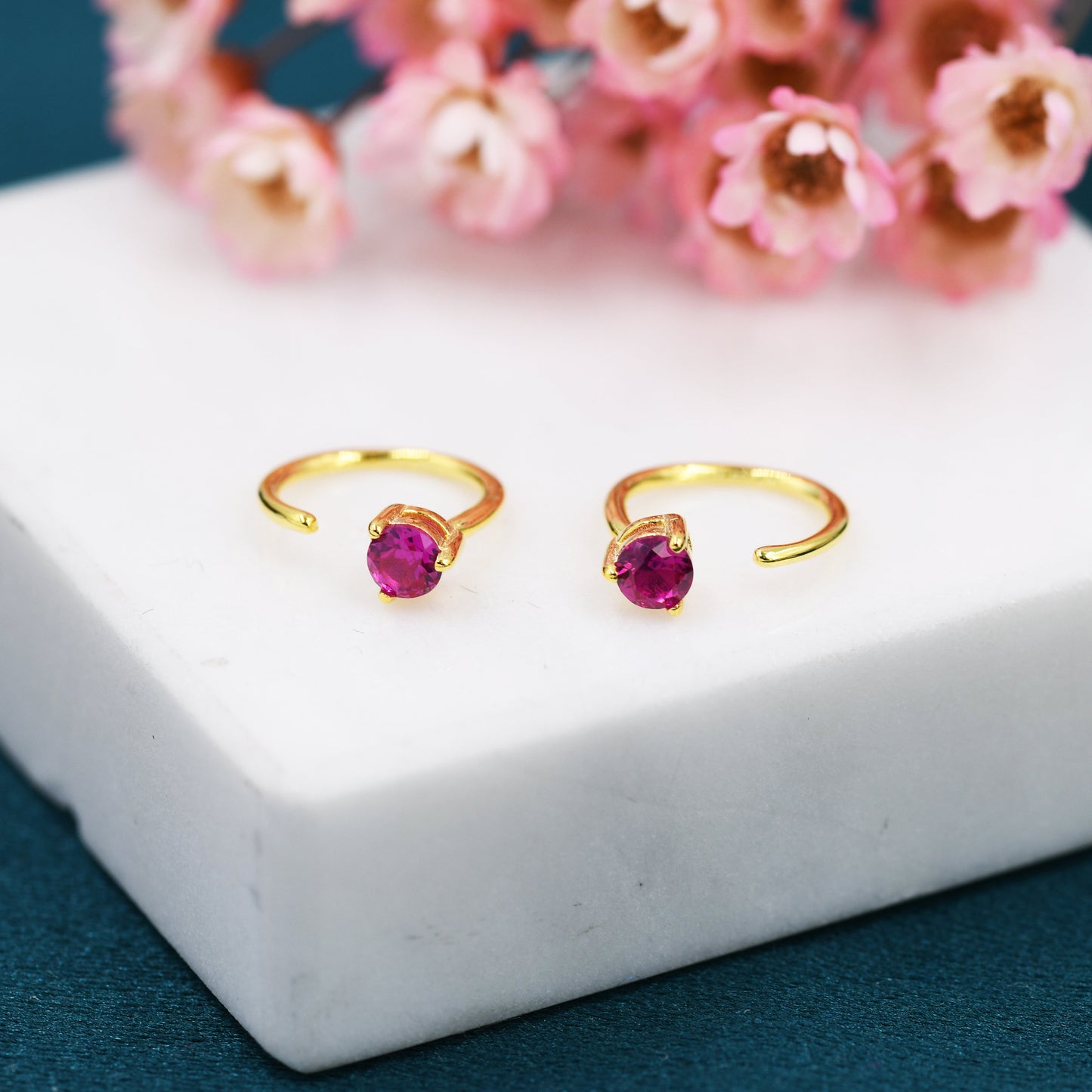 Ruby Pink CZ Crystal Huggie Hoop Earrings in Sterling Silver, 3mm Three Prong, Gold or Silver, Pull Through Open Hoops, July Birthstone