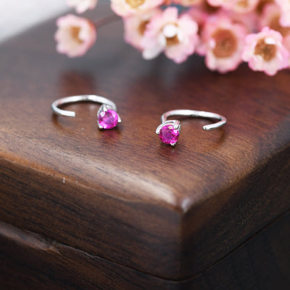 Ruby Pink CZ Crystal Huggie Hoop Earrings in Sterling Silver, 3mm Three Prong, Gold or Silver, Pull Through Open Hoops, July Birthstone