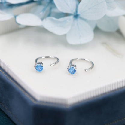 Aquamarine Blue CZ Crystal Huggie Hoop Earrings in Sterling Silver, 3mm Three Prong,  Pull Through Open Hoops, March Birthstone