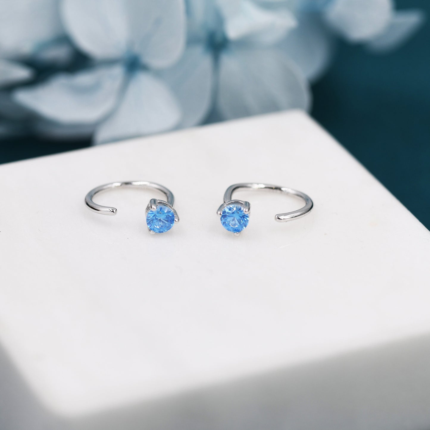 Aquamarine Blue CZ Crystal Huggie Hoop Earrings in Sterling Silver, 3mm Three Prong,  Pull Through Open Hoops, March Birthstone