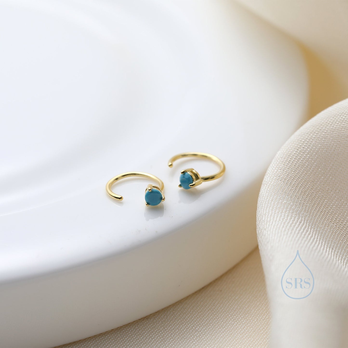 Tiny Turquoise Huggie Hoop Threader Earrings in Sterling Silver, 3mm Three Prong, Gold or Silver, Pull Through Open Hoops, C Shape Hoops