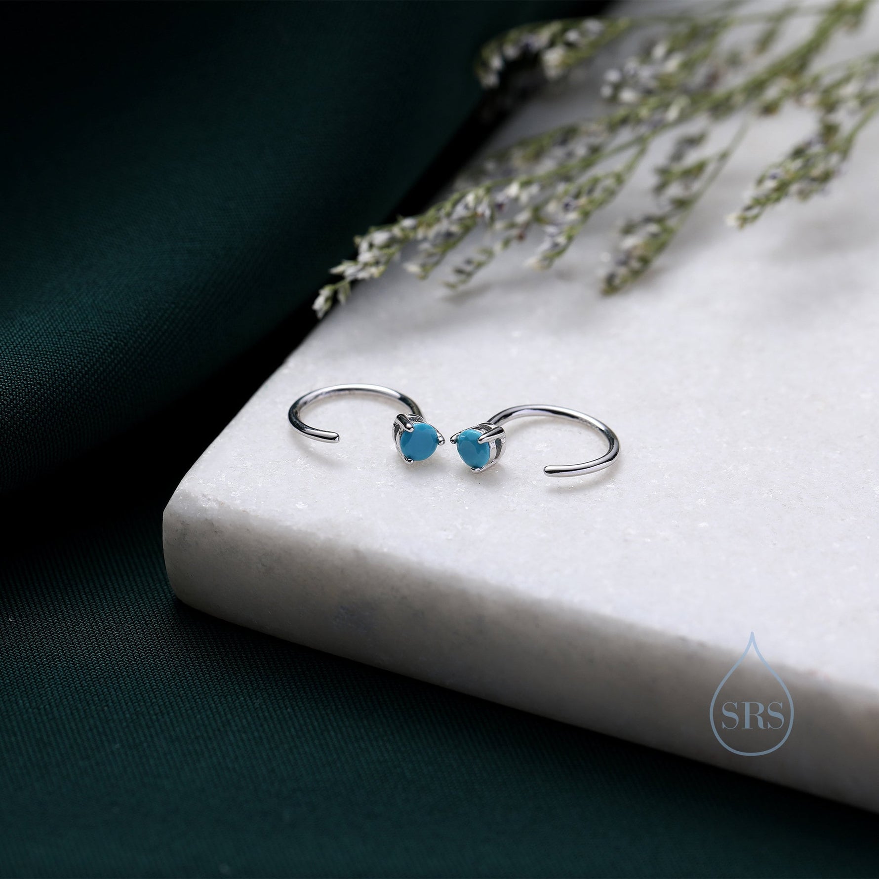 Tiny Turquoise Huggie Hoop Threader Earrings in Sterling Silver, 3mm Three Prong, Gold or Silver, Pull Through Open Hoops, C Shape Hoops