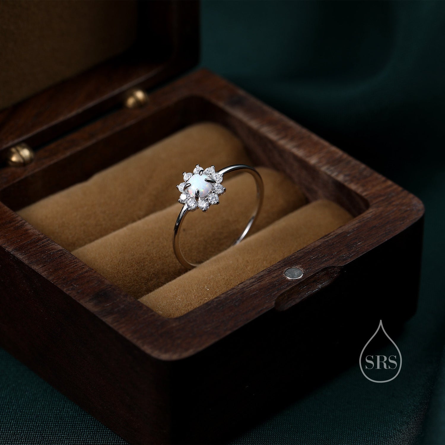 Round Cut White Fire Opal Halo Ring